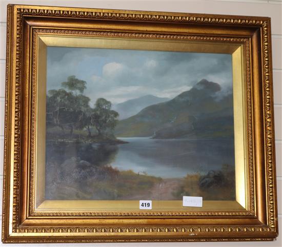 A* Sullivan (19th century), oil on canvas laid on board, mountainous landscape with loch, 38.5 x 48.5cm